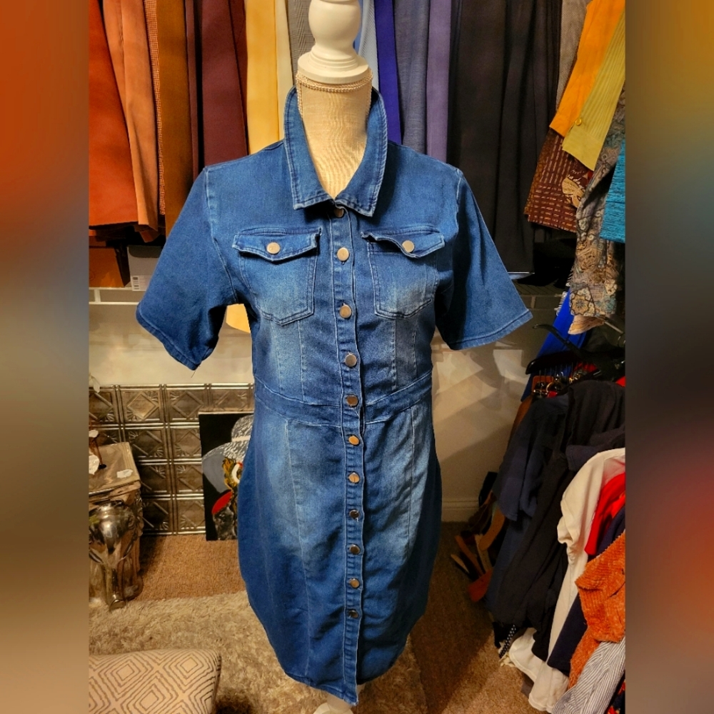 Denim Turndown Collar Chest Pocket Button Up Denim Dress